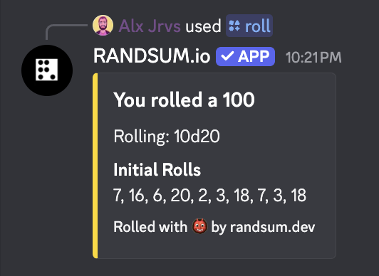/roll notation — rolled a 100